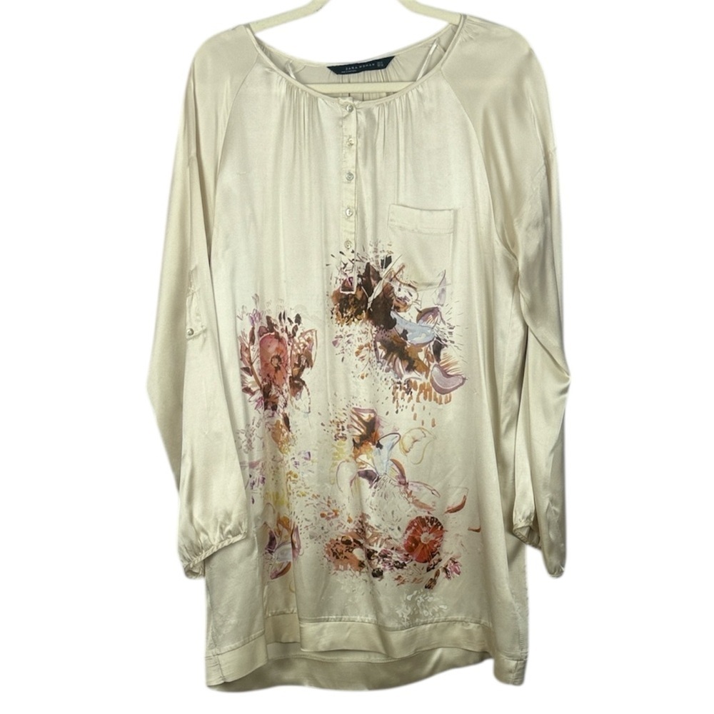 Zara Silk Cream Boho Chic Floral Rolled Up Sleeve Button Up XL Tunic Blouse